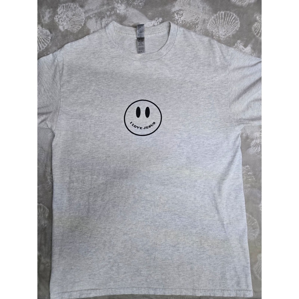 Gildan Ultra Cotton I Love Jesus Smiley Face T-Shirt Gray Mens Medium